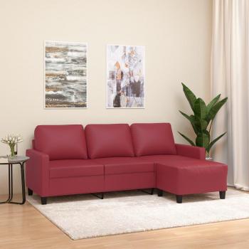 Sofá de 3 plazas con reposapiés en cuero sintético color vino tinto de 180 cm