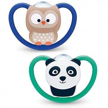 Lote de 2 Chupetes Fisiológicos de Silicona NUK Space +18 meses Diseño Panda y Búho