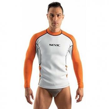 SEAC Fit Long Neopreno 2 mm con Mangas largas, Ideal para vestirla bajo del Traje de Buceo, para Nadar o Camiseta de Surf, Hombres, Blanco/Naranja, S
