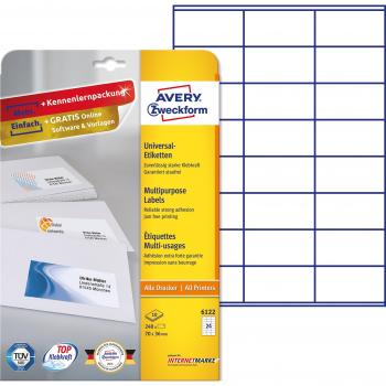 Etiquetas Universales Autoadhesivas Avery Zweckform 6122, 70 x 36 mm, Paquete de 240 Etiquetas en 10 Hojas, Compatibles con Impresoras Inkjet y Láser