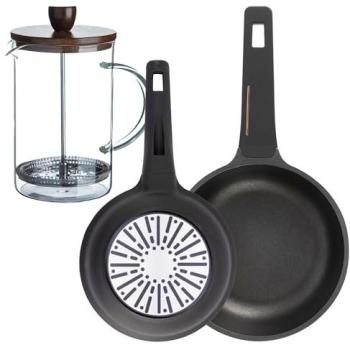 Juego de 2 Sartenes Bergner Ø20Ø24cm en Aluminio Fundido + Delantal de Cocina Gris Oscuro 100% Algodón + Cafetera de Émbolo de Vidrio Borosilicato