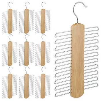 Set de 10 Corbateros de Madera con Perchas Múltiples para hasta 20 Corbatas, Gancho Giratorio, Ideal para Armarios y Vestidores, Color Natural