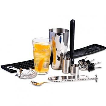 Bar@Drinkstuff - Gran boston cocktail shaker establecidos por | contiene vidrio, mezcla muddler, cuchara, colador de coctel, barra cuchilla, estera de la barra de goma, medidas de 25ml y 50ml y 4 x vertedores & tin coctelera boston profesional | kit cóct