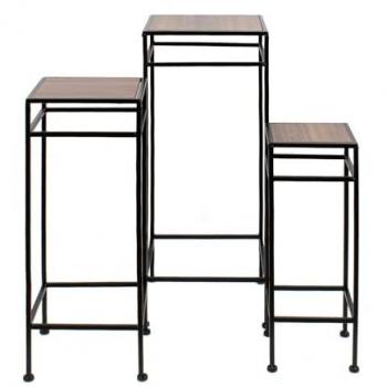 Set de 3 Mesas Auxiliares de Metal - Soportes Cuadrados para Decoración - Mesitas Ideales para Recibidor y Salón - Madera Oscura