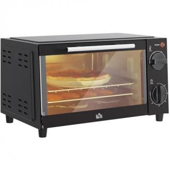 HOMCOM Mini Horno Eléctrico 9L 750W con Temperatura Ajustable hasta 230°C, Temporizador de 60 minutos, Bandeja para Hornear y Parrilla, Dimensiones de 20x35