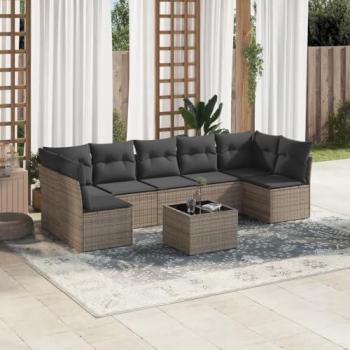8-Piece Grey Poly Rattan Garden Sofa Set with Cushions