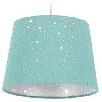 Lámpara Colgante Infantil con Diseño de Estrellas, Luz de Techo para Niños, Pantalla de Tela Redonda, Color Menta - Relaxdays