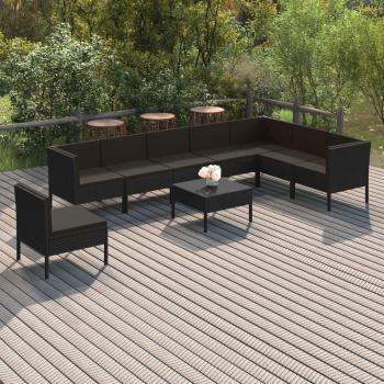9-Piece Black Poly Rattan Garden Lounge Set with Cushions