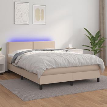Cama box spring con colchón LED de cuero sintético capuchino 140x200cm