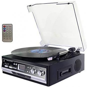 Cassette Tocadiscos,Giradiscos de Vinilo DLITIME con Radio Am&FM/USB/RCA/AUX/Altavoz Estéreo Bluetooth/Reproductor de Control Remoto