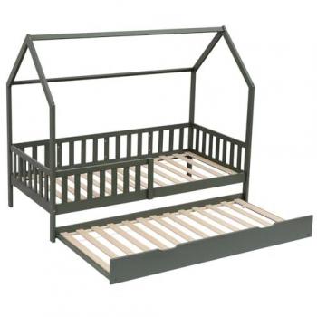 Cama cabaña nido extraíble para niños 190x90cm verde Happy Garden, modelo Marceau, fabricada en madera de pino macizo con somier de láminas, incluye barras de seguridad
