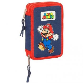 Estuche Escolar Super Mario, Plumier Doble con 28 Piezas, 2 Compartimentos, Material Escolar Licencia Oficial, Ideal para Niñas y Niños de 5 a 14 Años, Color Azul y Rojo,