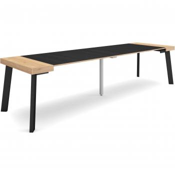 Mesa Consola Extensible 300 cm para 14 Comensales, Patas de Madera, Estilo Moderno, Roble y Negro
