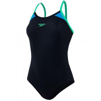 Speedo Splice Thinstrap Racerback Bañador, Mujer, Negro/Verde Falso/Azul Windsor, 36