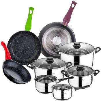 San Ignacio PK329 Set Toledo Batería de Cocina 8 Piezas Acero Inoxidable con Juego de 3 Sartenes Aluminio Prensado Colección Jolie (18, 22, 26 cm