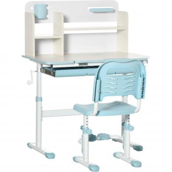 HOMCOM Juego de Escritorio y Silla Infantil para Niños Mayores de 3 Años, Altura Ajustable, Mesa con Superficie Inclinable, Cajón Integrado y Estante para Lib