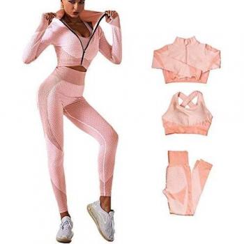 Veriliss 3 Piezas Mujer Yoga Traje Entrenamiento para, Gym Mallas de Yoga Sin Costuras y Sujetador Deportivo Elástico Ropa de Gimnasio