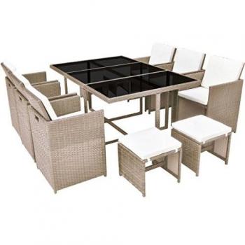 11-Piece Beige Poly Rattan Outdoor Dining Set with Cushions