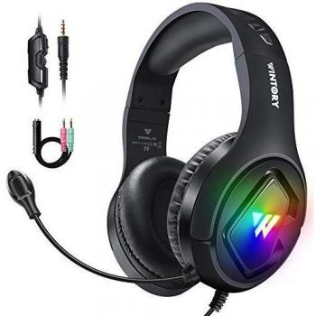 Cascos Gaming, Auriculares Gaming PS4 PC con Microfono Diadema con RGB Luz LED y Cancelació de Ruido, Cascos Gamer Headset Estéreo con Orejeras Cómodas, Headphones para Xbox One Switch Tableta