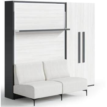 Cama abatible vertical con sofá y armario Marko 90x190, sofá gris claro, estructura y fachada blanca
