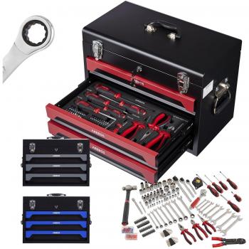 Caja de Herramientas AREBOS XXL - 172 Piezas - Para Principiantes y Profesionales - Uso en Hogar, Garaje y Taller - 3 Cajones con Cerradura - Color Azul / Negro