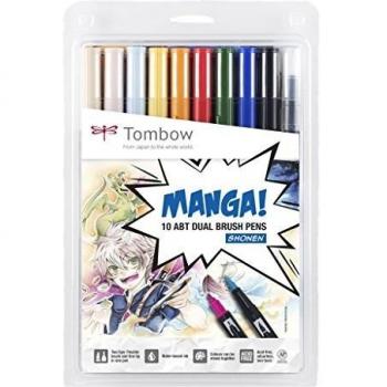 Rotuladores Tombow ABT Dual Brush Pen Set, Manga Shonen, 10 Colores Surtidos, Doble Punta (Pincel y Fina), Estuche