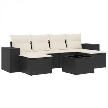 7-Piece Black Poly Rattan Garden Sofa Set with Cushions