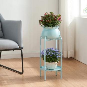 Soporte para Plantas Altena 2 Niveles Metal 81x40x40 cm Azul Claro con Estante y Macetero Extraíble