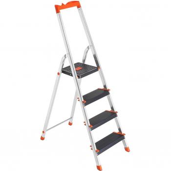 Escalera plegable de aluminio de 4 peldaños con bandeja de herramientas, pies antideslizantes y capacidad de carga de 150 kg