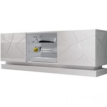Mueble TV Charlotte 127, Blanco Brillante, 160x57x40cm, con 2 Puertas y Sistema de Cierre Amortiguado