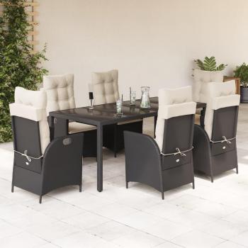 7-Piece Black Poly Rattan Garden Dining Set with Cushions