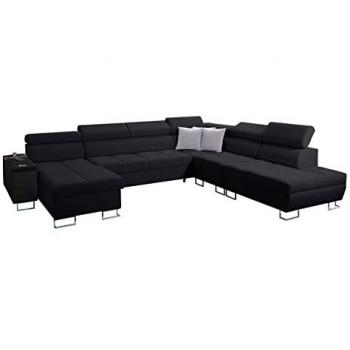 Sofá rinconero Sarasota 135 con función de descanso, caja de ropa de cama, 360x298x84cm, color negro, reposacabezas ajustable, puerto USB y compartimento de bar