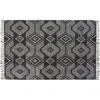 Alfombra de algodón blanco y negro con flecos