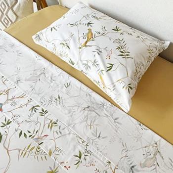Juego de Sábanas Estampadas de Algodón 100% con Diseño de Pájaros en Mostaza - 3 o 4 Piezas para Cama 90/135/150