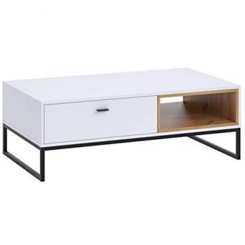 Mesa de centro Providence J103, Aglomerado laminado, Blanco y Roble Artisan, 120 x 65 x 42 cm, Angular con 2 cajones