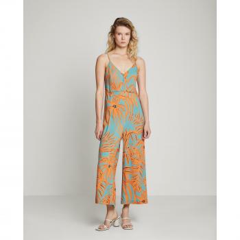 Mono ancho estampado de bajo crop para mujer con tirantes, cuello en V y botones frontales