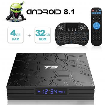 Android TV Box, T9 Android 9.0 TV Box con Mini Teclado inalámbrico 4GB RAM 32GB ROM RK3318 Bluetooth 4.0 Procesador Quad-Core Cortex-A53 2.4/5.0GHz WiFi Compatible con 4k2k Ultra H.265 Smart TV Box