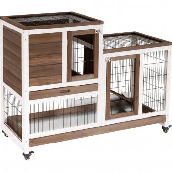 PawHut Conejera de Madera con Ruedas para Interior Jaula de 2 Pisos con Rampa y 2 Bandejas Extraíbles 110x50x86cm Marrón