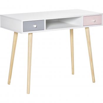 HOMCOM Mesa de Escritorio Infantil Estilo Nórdico con 1 Compartimento Abierto y 2 Cajones para Estudio, Entrada, Dormitorio 100x48x76.5 cm Tricolor