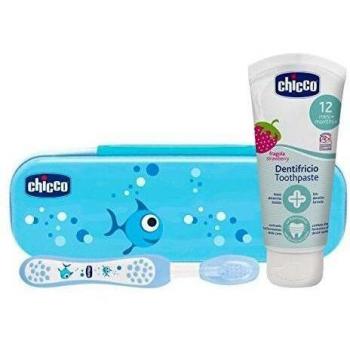 Chicco - Set dental Cepillo de dientes + Pasta Fresa con flúor 12+ m + Neceser Semi rígido, color Azul