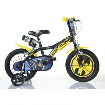 Bicicleta Infantil 16 Batman con Ruedas de Apoyo, 1 Velocidad, Color Negro y Amarillo, Incluye Botella de Agua y Escudo Frontal