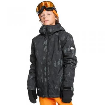 Chaqueta de esquí Quiksilver Mission gris oscuro negro junior, características: capucha, diseño impreso, estándar para niños