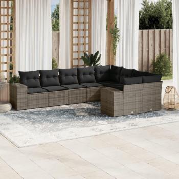 Sofá de jardín de 9 piezas con almohadas grises en Polyrattan