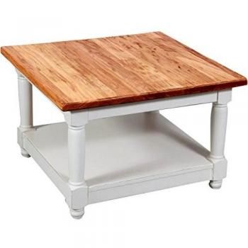Mesita de Centro Cenicero Country de Madera Maciza de Tilo con Estructura Blanca Envejecida y Acabado Natural 70x70x45 cm
