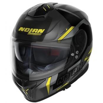 Nolan Casco Integral N80-8 Wanted N-Com Negro-Amarillo con características de diseño aerodinámico, visera anti-rayaduras, sistema de ventilación avanzado y compatible con el sistema de comunicación N-Com