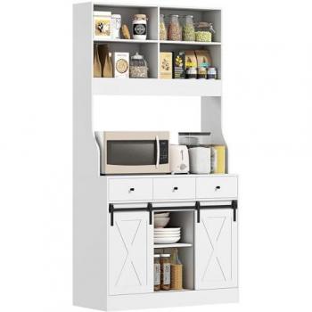 Alacena de Cocina Homcom con 2 Puertas Corredizas, 3 Cajones, Encimera para Microondas y Estantes Ajustables - Estilo Granja Blanco 93,5x40x180 cm