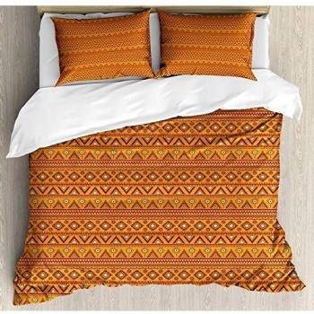 Juego de sábanas Aztec de 3 piezas Juego de funda nórdica, motivos de triángulos con bordes folclóricos con círculos y figuras abstractas de sol, juego de fundas de edredón / edredón de 3 piezas con 2
