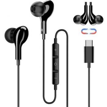 Auriculares USB Tipo C Anhuicco con Cable Microfono y Control de Volumen Magnéticos Estéreo In-Ear Compatible i'Pad Pro 2021 S'amsung S21 S20 H'uawei P40 X'iaomi Mi 11 Redmi 10 Pro P'OCO F3 Negro