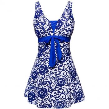 Wantdo Traje de Baño 1 Pieza para Mujer Monokini Estampado Floral con Falda 42 Brillante Azul