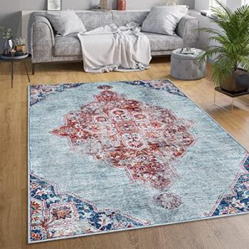 Alfombra Salon Mandala Motivo Con Ornament, Tejido Plano Moderna Oriental Marroqui Vintage, Lavar 160x220 cm, Color: Turquesa